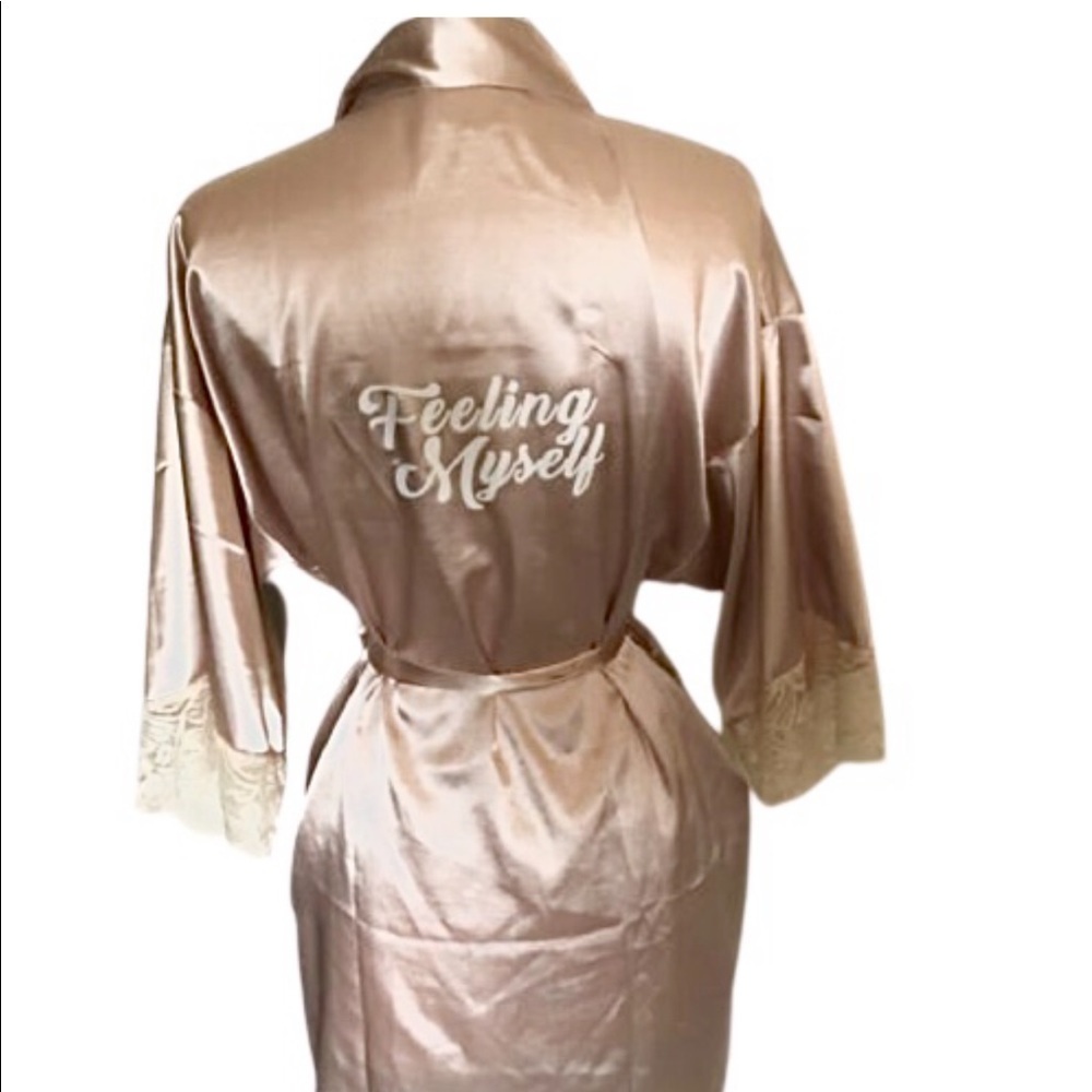 Custom “feeling myself” light Blush Pink Silky Lace Short Robe Bridal bath - Picture 3 of 16
